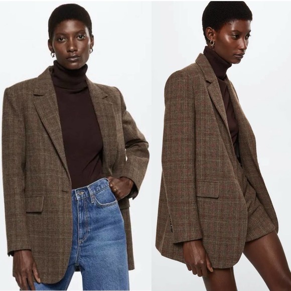 Mango Jackets & Blazers - MANGO Womens Brown Check Plaid Wool Blazer Suit Jacket Size XL